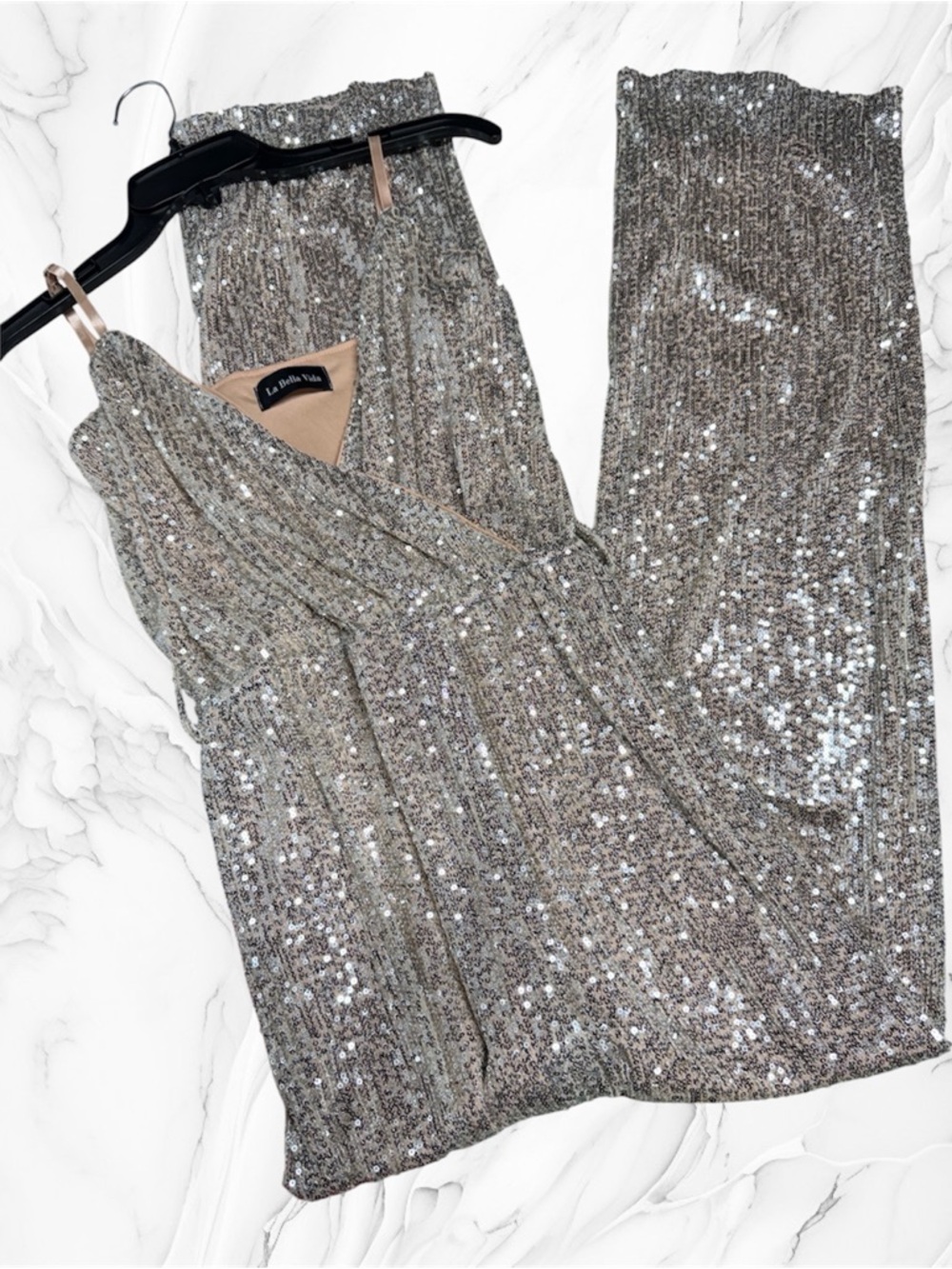 La Bella Vida Sequin jumpsuit Champagne cream color size small